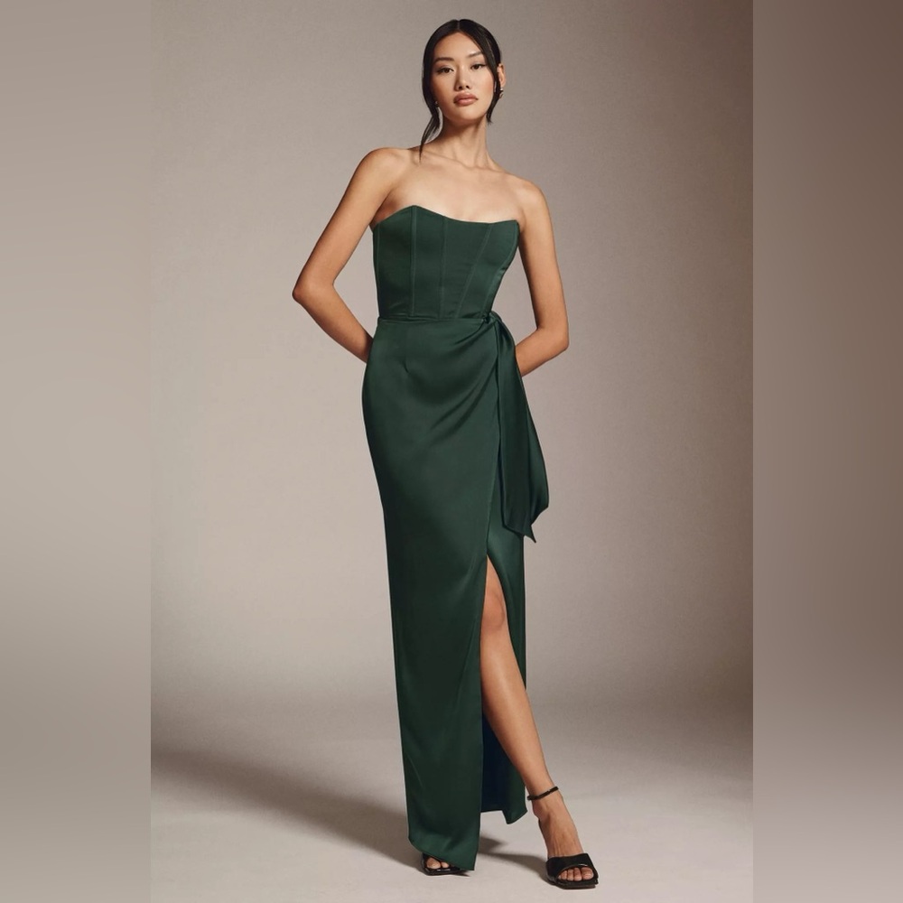 NWT V. Chapman June Corset Front-Slit Gown in Dark Emerald in Size 14